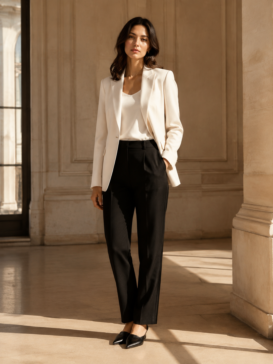 Silhouette en blazer ivoire et pantalon noir dans un studio parisien